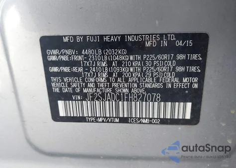 2015 Subaru Forester 2.5I Premium z USA, uszkodzony, nr VIN JF2SJADC1FH827078